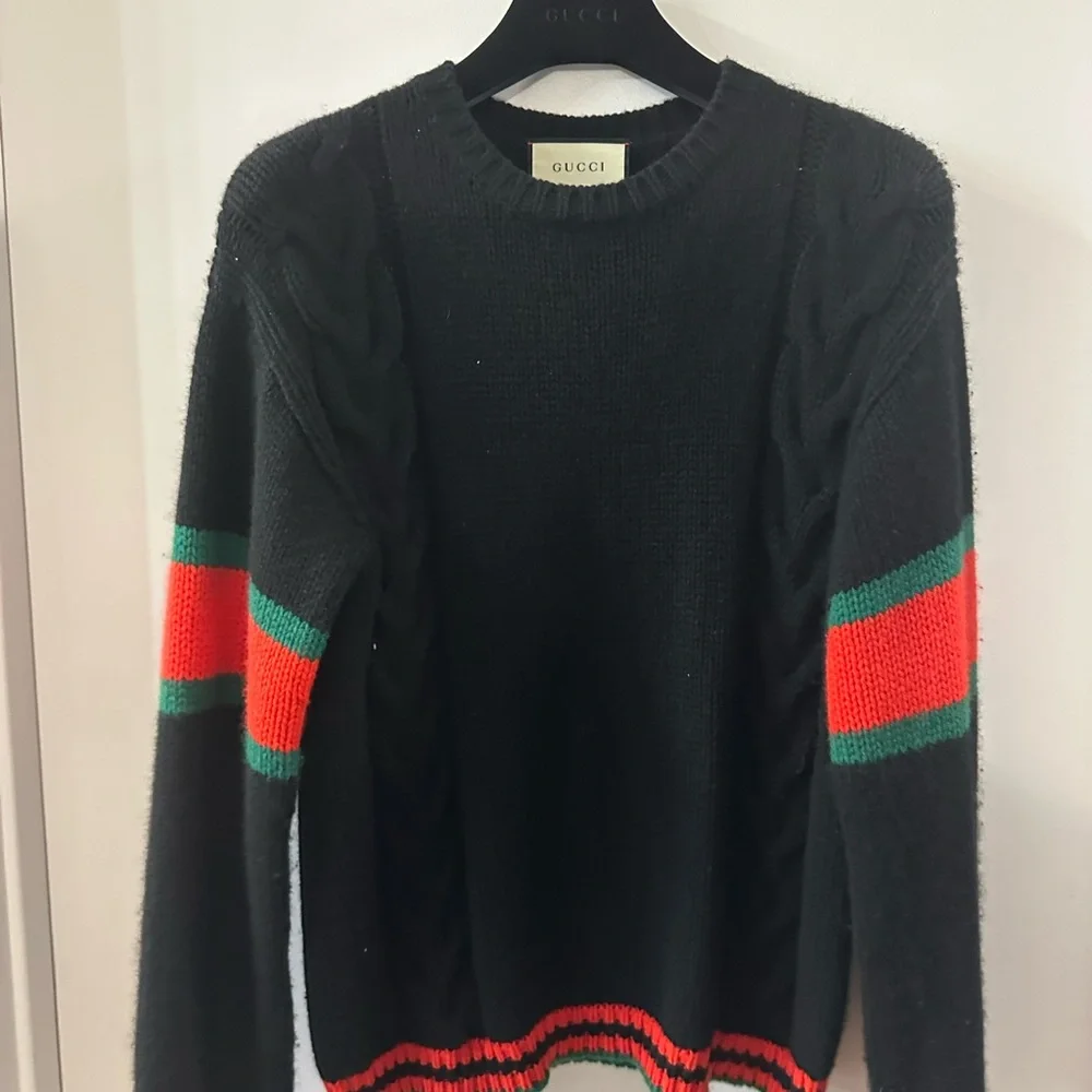 Gucci Men Black Web Striped Wool Cable Knit - Small (oversized)